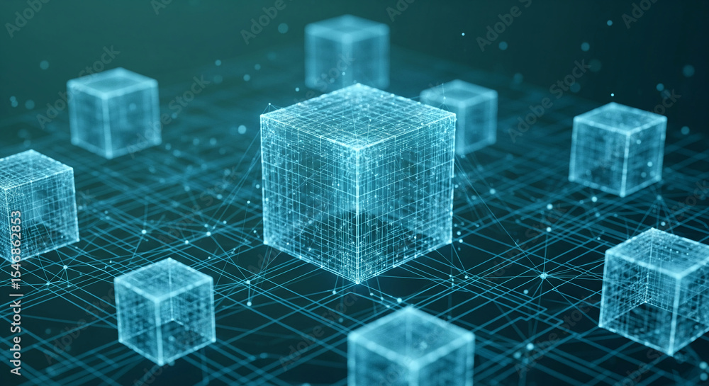 Poster abstract image of interconnected glowing cyan cubes on a dark grid, representing data network, block