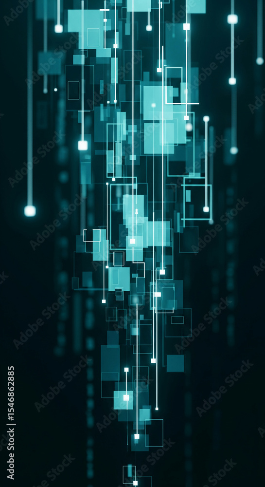 Poster abstract teal geometric shapes and lines on dark background, creating a technological or digital fee