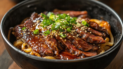 Exquisite Bowl of Culinary Delight: A top-down composition of a delectable bowl of culinary perfection, featuring expertly sliced, savory cuts.
