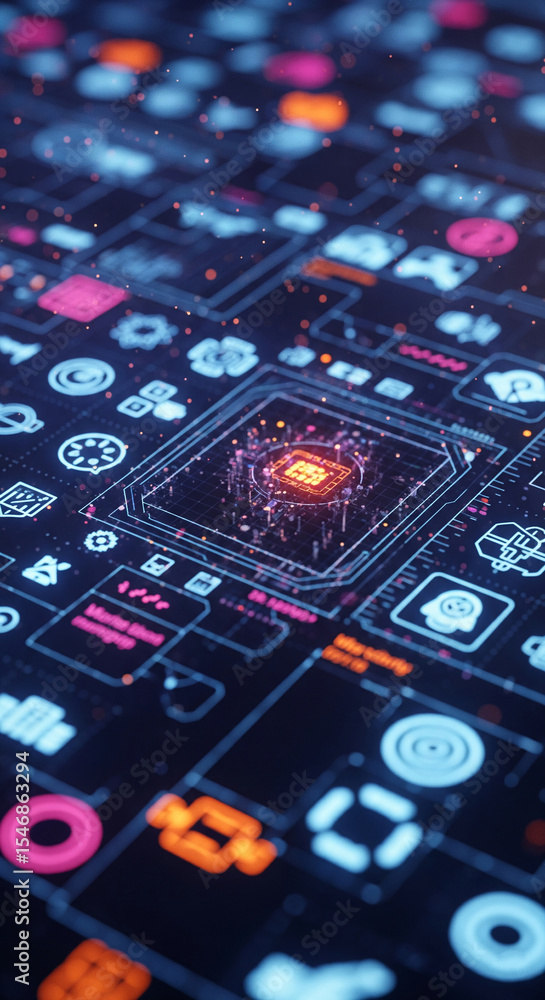 Poster abstract digital interface with glowing icons and central processor, symbolizing technology, innovat