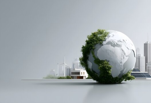 A miniature globe adorned with lush greenery and wind turbines, symbolizing environmental sustainability, renewable energy, and a greener future for our planet