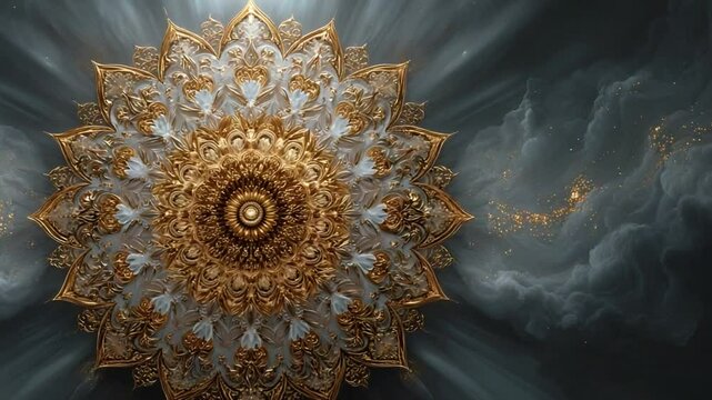 Luxurious golden mandala pattern on a serene smoky background for elegant design projects