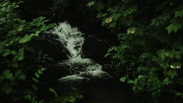 Close-up of a small waterfall in green forest, cascading down over mossy rocks near the Gradac River in Valjevo, Serbia. Dark 4k horizontal footage