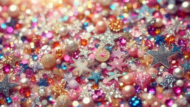 Colorful glitter and sequins background with sparkling stars, gems, rhinestones, pearls, and confetti for festive celebration, party decor, luxury texture, or glamorous event