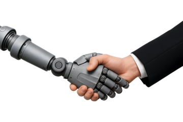 Human and robot handshake symbolizing ai partnership isolated on transparent background