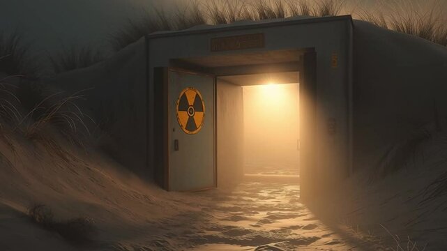 3d render of abandoned nuclear bunker entrance, half-buried in sand, glowing radiation sign above the door 