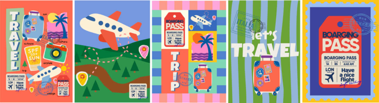 Travel, trip and summer vacation. Vector funny illustrations of suitcase, airplane, destination with labels, boarding pass, spf, camera, palm with sea for postage stamp, poster, background or card