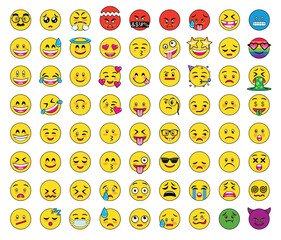 Set of 72 round, flat yellow emojis with different facial expressions: happy, naughty, crying, in love, sick, partying, surprised, evil, and with the LGBTI flag