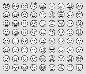 Set of 72 round white emojis with a black line depicting different facial expressions: happy, naughty, crying, in love, sick, partying, surprised, and evil