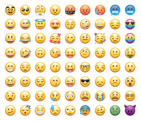 Set of 72 round yellow emojis with different facial expressions: happy, naughty, crying, in love, sick, partying, surprised, evil, and with the LGBTI flag