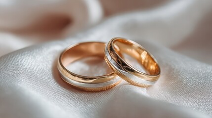 Wedding rings on white silk fabric, soft light, close-up shot, romantic theme