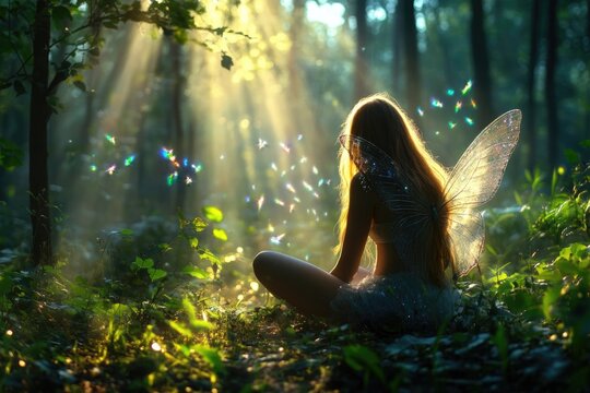Winged sprite: fairy presence, delicate wing, magical glow, gentle creature, woodland mystery, sparkling air, ethereal beauty, soft light, graceful being, silent charm, mystic essence