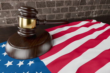 American Flag and Wooden Gavel Resting on Desk.