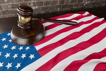 American Flag and Wooden Gavel Resting on Desk.