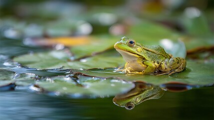 Fototapeta premium A green frog perched on a lily pad in a pond with a reflection visible in the water below it all day