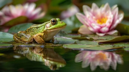 Obraz premium Green frog sitting on lily pad with water reflection and pink water lily in the background pond scene