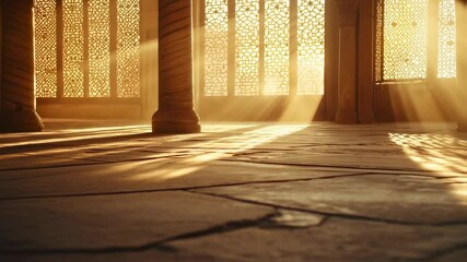 Warm sunlight streaming through ornate lattice windows inside an ancient Eastern temple interior.  
