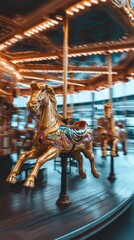 Brightly lit carousel spins with golden horses leaping gracefully. The atmosphere is lively with joyful sounds, creating a fun experience for riders at an amusement park