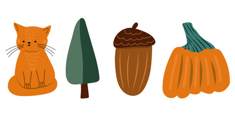 Set of autumn hand drawn cat, ancor, pumpkin and tree.