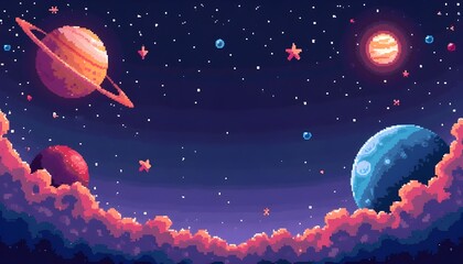 Fototapeta premium Pixel space background set - planets, stars and nebula clouds in vibrant colors. Retro 8 bit gaming sprites and pixelated cosmic elements. Minimalist aesthetic 