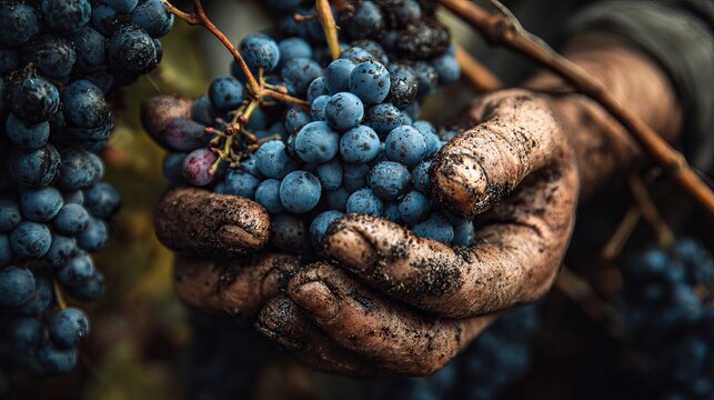 Close up of dirty hands holding a bunch of ripe grapes in a vineyard during the harvest season