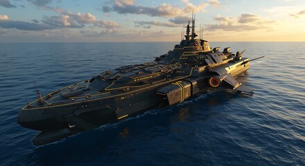 Futuristic warship cuts across serene ocean