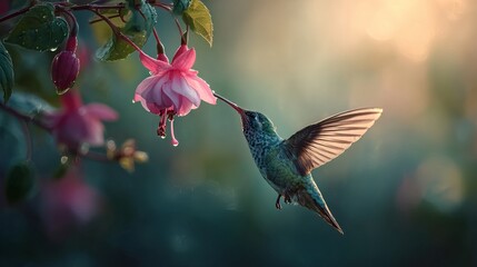 Fototapeta premium A hummingbird feeding on a pink fuchsia flower with its wings spread in a garden setting bokeh light