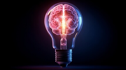 A glowing brain inside a lightbulb against a dark background symbolizing bright ideas and innovation