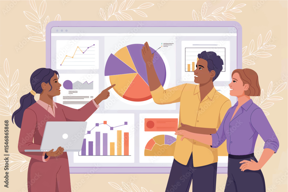 Poster business team presenting data on a dashboard flat vector illustration isolated on transparent backgr