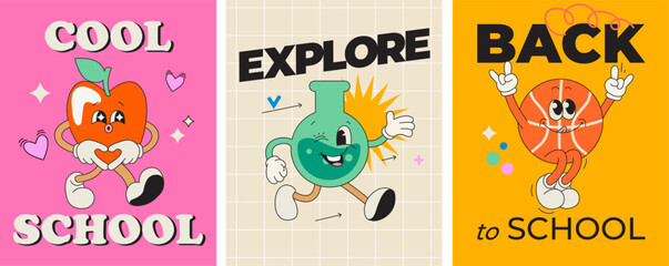Set bright cards with kawaii characters of school supplies.Flask,ball,apple characters with happy face,cute comic characters,welcome back to school concept.Cool school for study, sport,explore. Vector
