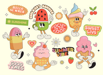 Set summer stickers of funny ice cream characters,sweet food with different emotions.Happy sweet kawaii smiling delicacy. Isolated elements for web,flyer,scrapbooking summer vibe, templates. Vector
