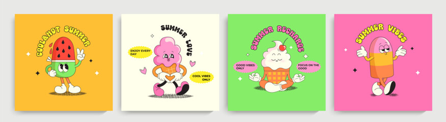 Set summer bright cards with ice cream characters,funny summer food-sundae, gelato with different emotions. Happy sweet kawaii smiling delicacy. Template for greeting,poster,leaflet, flyer, web.Vector