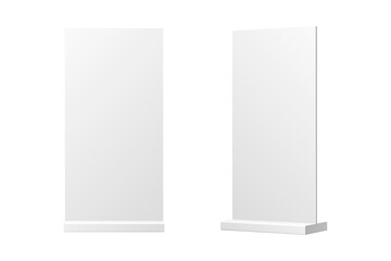 Two blank white roll up banner mockup displays for advertising and promotion on black background