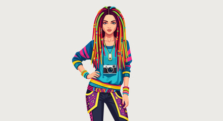 A woman with colorful dreadlocks wearing a camera shirt and patterned pants posing stylishly