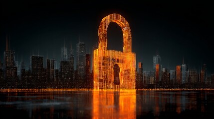 Orange padlock over a city skyline reflecting on water at night in a digital illustration
