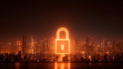 Obraz premium Glowing padlock symbol over a city skyline at night with orange and black color palette and reflections