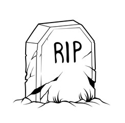 Tombstone with RIP inscription black and white illustration. Drawing of an old tombstone. Symbol of death, grave, Halloween or mourning.
