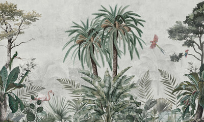 Mural Wallpaper. Watercolor Rainforest. Vintage Tropical Background © александр Бужореан