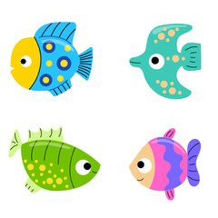 Set of bright tropical fish. Cartoon ocean animals. Exotic fish set.