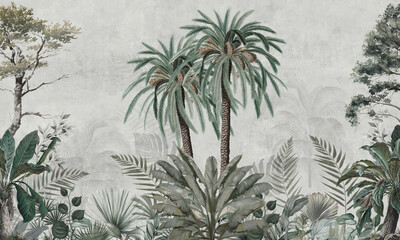 Mural Wallpaper. Watercolor Rainforest. Vintage Tropical Background