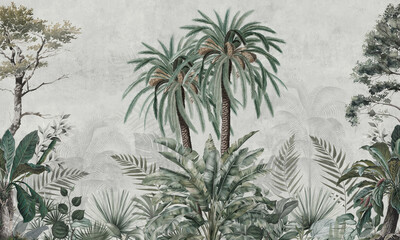 Mural Wallpaper. Watercolor Rainforest. Vintage Tropical Background