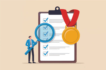 Businessman inspecting checklist with magnifying glass and gold medal flat vector illustration isolated on transparent background