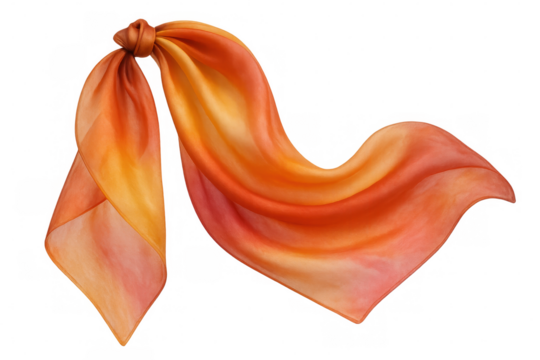 Elegant orange silk scarf softly draping, showcasing luxurious texture against transparent backdrop