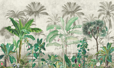 Mural Wallpaper. Watercolor Rainforest. Vintage Tropical Background