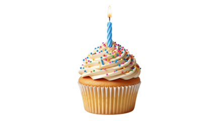 Delicious birthday cupcake featuring creamy white frosting, a vibrant array of colorful sprinkles, and a lit blue spiral candle, isolated on a clean white background. Ideal for celebrating special