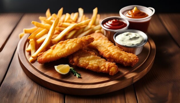 a delicious meal of crispy fried fish golden french fries and zesty dipping sauces served on a rustic wooden board