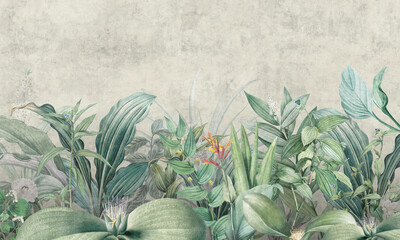 Mural Wallpaper. Tropical Flower Bushes Wallpaper Mural. Vintage Tropical Background	