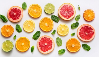 colorful pattern of citrus fruit slices and mint leaves isolated on white background top view flat lay