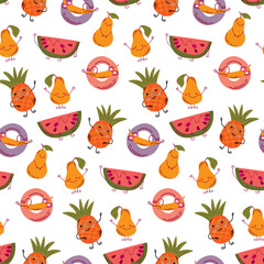 Cute summer seamless pattern with funny cartoon fruits: pineapple, watermelon, pear and banana on swimming ring in bright colors. For kids product, textile, fabric, wrapping paper. Vector illustration