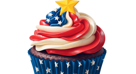 Delicious patriotic cupcake featuring swirling red, white, and blue frosting, adorned with white stars and a golden star topper. Ideal dessert for American holidays like Independence Day, Memorial